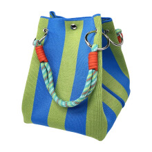 Striped Knit Bucket Bag Rope Handle Toted Bag with Metal-3
