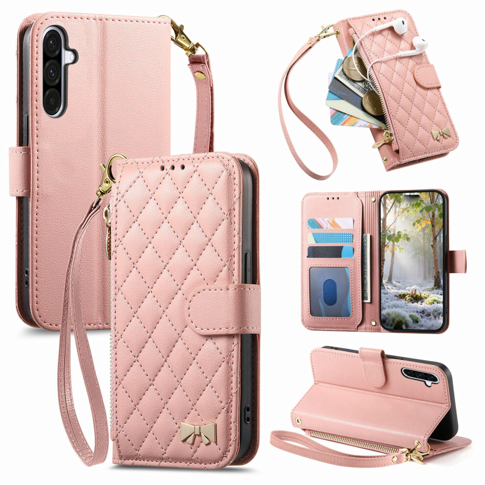 (Pink) For Samsung Galaxy A57 5G Stand Case Imprint Tpu Pu Leather Zipper Pocket Wallet Phone Cover With Strap Pink 6914299089780