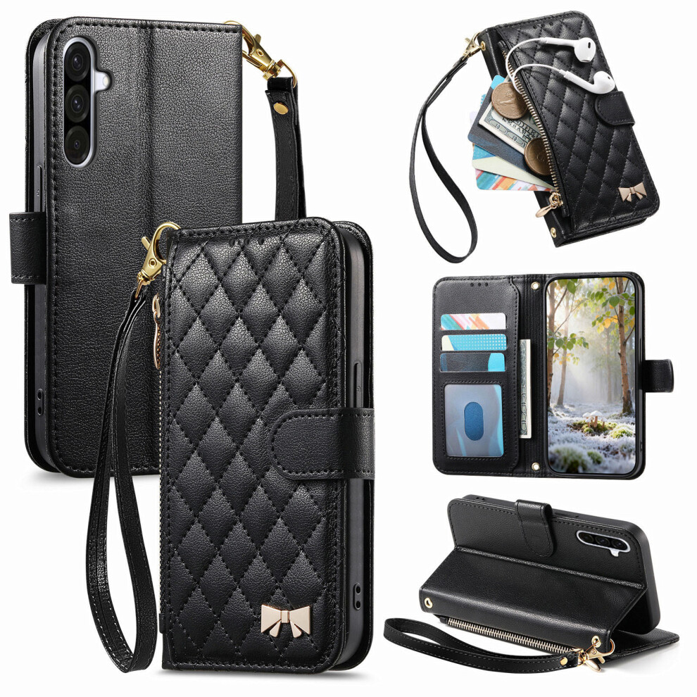 (Black) For Samsung Galaxy A57 5G Stand Case Imprint Tpu Pu Leather Zipper Pocket Wallet Phone Cover With Strap Black 6914299491385