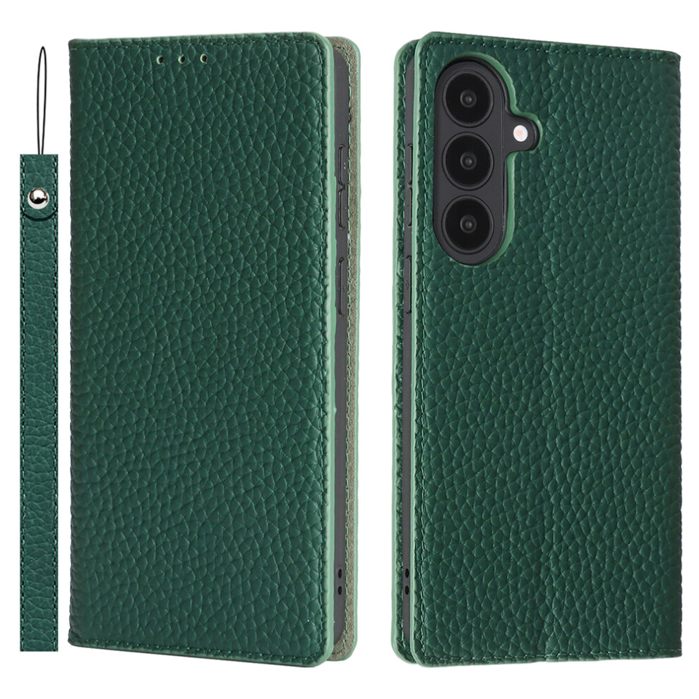 (Dark ) For Samsung Galaxy S26 Wallet Case Genuine Cow Leather Phone Cover Litchi Texture Green 6914299140641