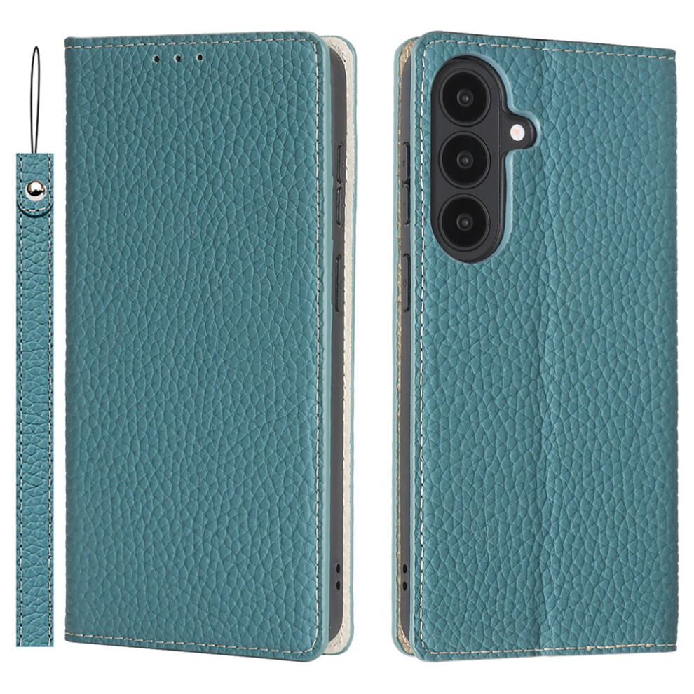 (Sky ) For Samsung Galaxy S26 Wallet Case Genuine Cow Leather Phone Cover Litchi Texture Blue 6914292134821