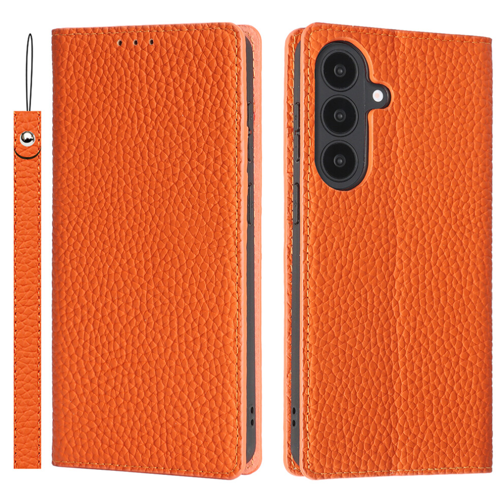 (Orange) For Samsung Galaxy S26 Wallet Case Genuine Cow Leather Phone Cover Litchi Texture Orange 6914298697818
