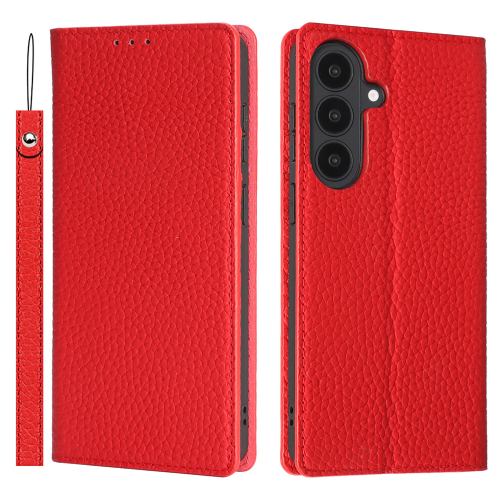 (Red) For Samsung Galaxy S26 Wallet Case Genuine Cow Leather Phone Cover Litchi Texture Red 6914293309198