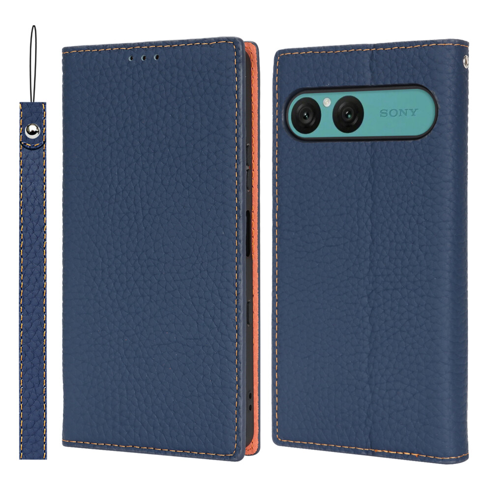 (Dark ) For Sony Xperia 10 Vii Wallet Case Genuine Cow Leather Phone Cover Litchi Texture Blue 6914295760331