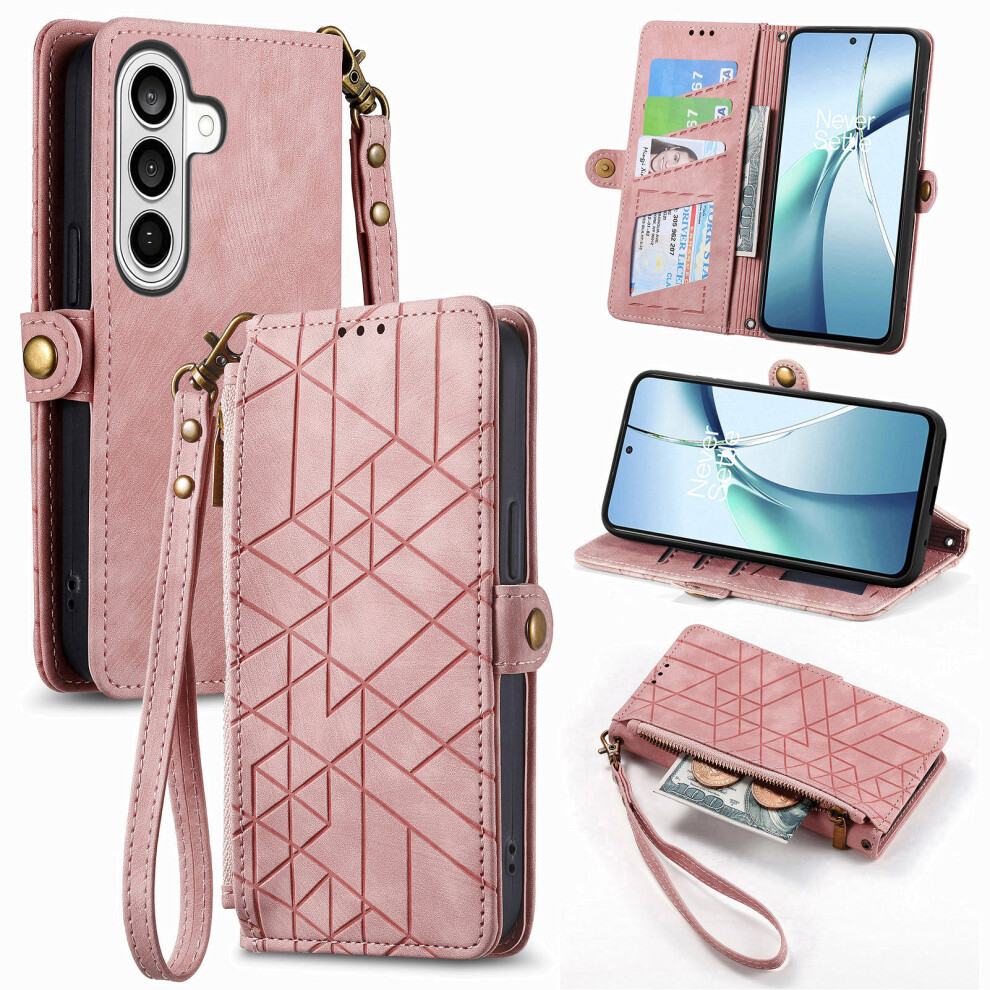 (Pink) For Samsung Galaxy A37 5G Case Zipper Wallet Geometry Lines Leather Phone Cover With Strap Pink 6914297721682