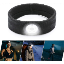 Svettebånd med løpelys for menn og kvinner, 5 LED med rødt og blått lys, USB-oppladbar hodelykt for utendørs løping