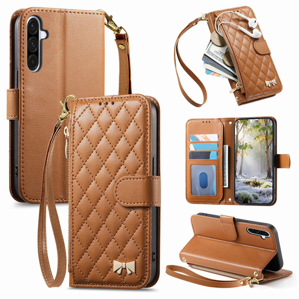(Brown) For Samsung Galaxy A37 5G Stand Case Imprint Tpu Pu Leather Zipper Pocket Wallet Phone Cover With Strap Brown 6914294393929