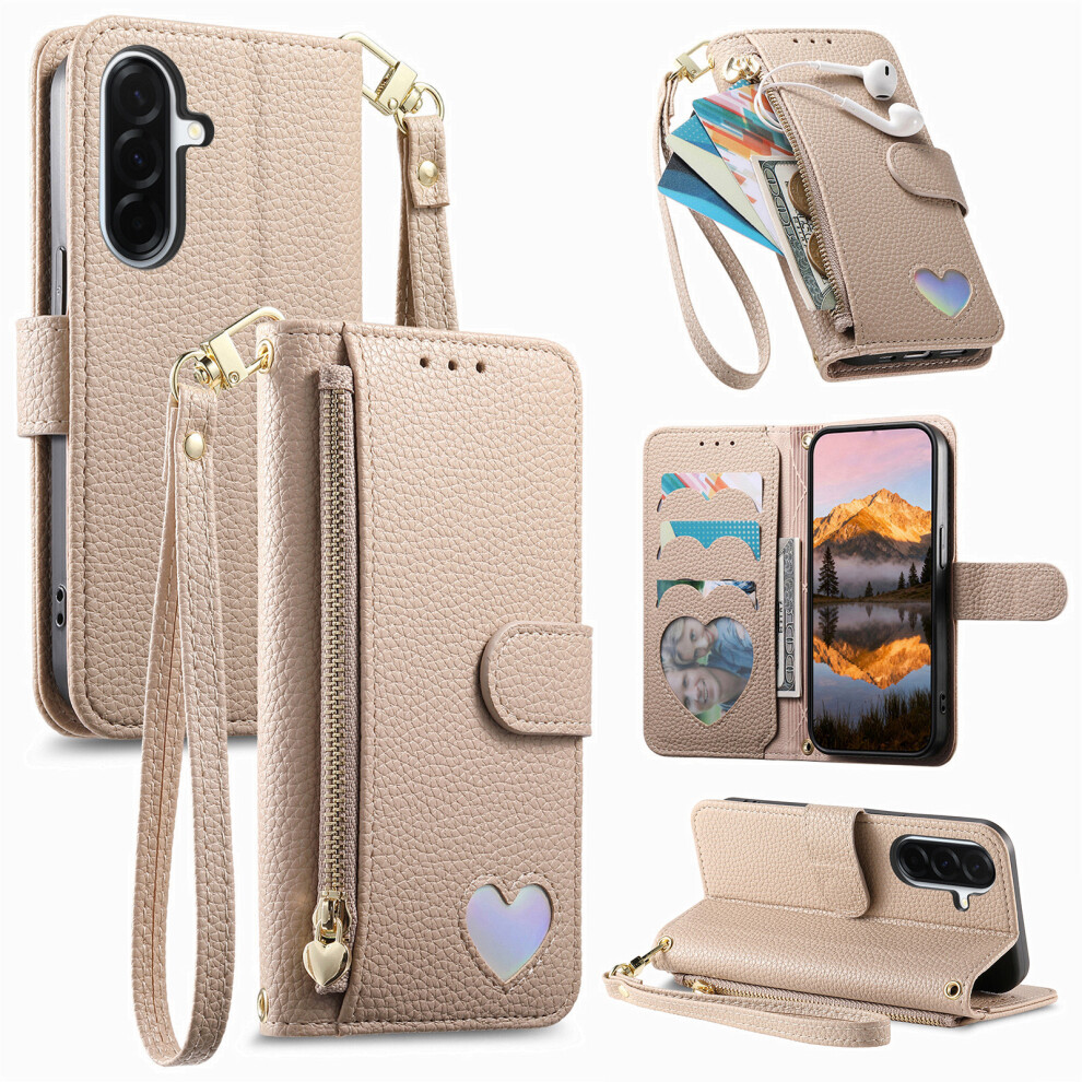 (Khaki) For Samsung Galaxy S26 Case Zipper Pocket Tpu Pu Leather Wallet Phone Cover With Strap 6914297967868