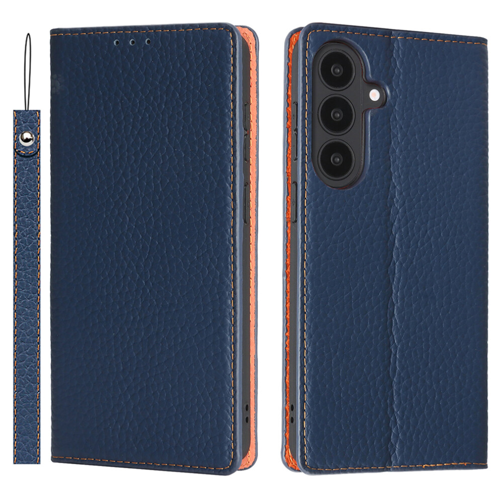 (Dark ) For Samsung Galaxy S26 Wallet Case Genuine Cow Leather Phone Cover Litchi Texture Blue 6914293669308
