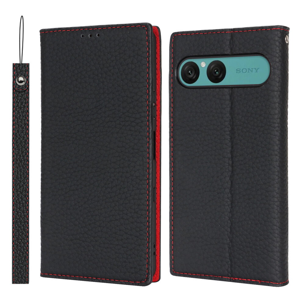 (Black) For Sony Xperia 10 Vii Wallet Case Genuine Cow Leather Phone Cover Litchi Texture Black 6914292422447