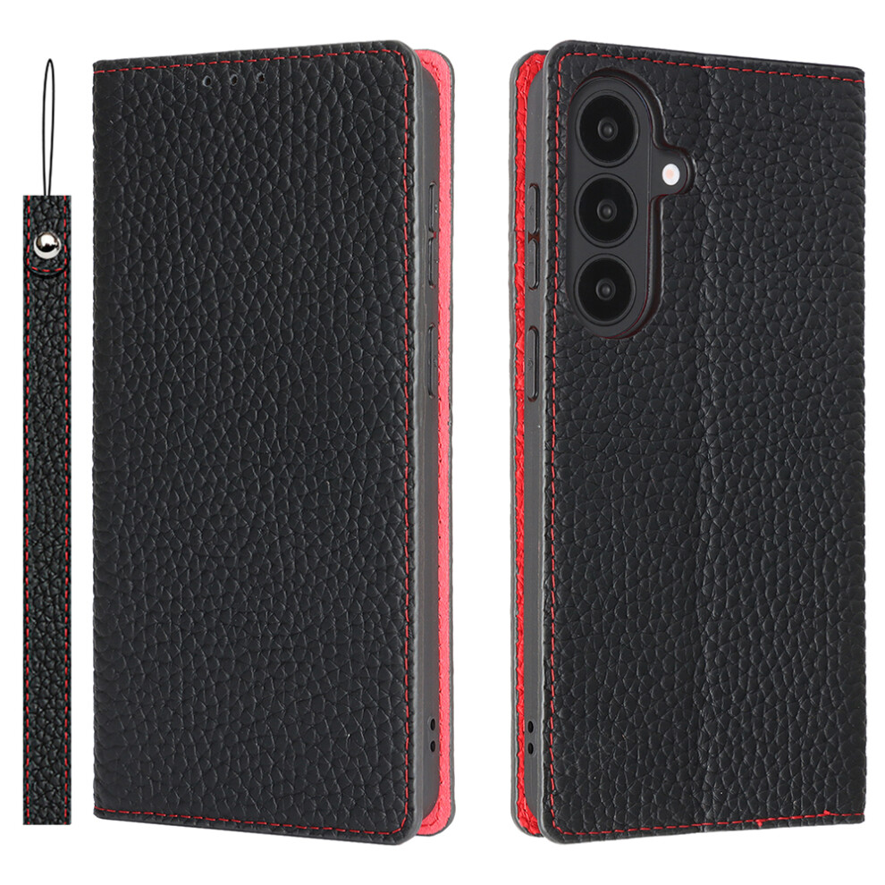 (Black) For Samsung Galaxy S26 Wallet Case Genuine Cow Leather Phone Cover Litchi Texture Black 6914292728693