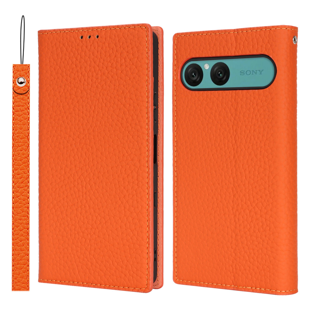 (Orange) For Sony Xperia 10 Vii Wallet Case Genuine Cow Leather Phone Cover Litchi Texture Orange 6914297712185