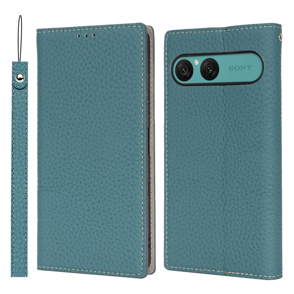 (Sky ) For Sony Xperia 10 Vii Wallet Case Genuine Cow Leather Phone Cover Litchi Texture Blue 6914299348382
