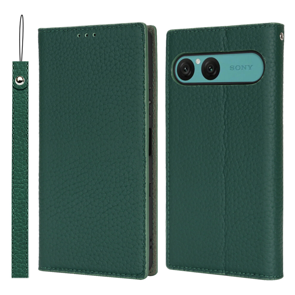 (Dark ) For Sony Xperia 10 Vii Wallet Case Genuine Cow Leather Phone Cover Litchi Texture Green 6914299242376