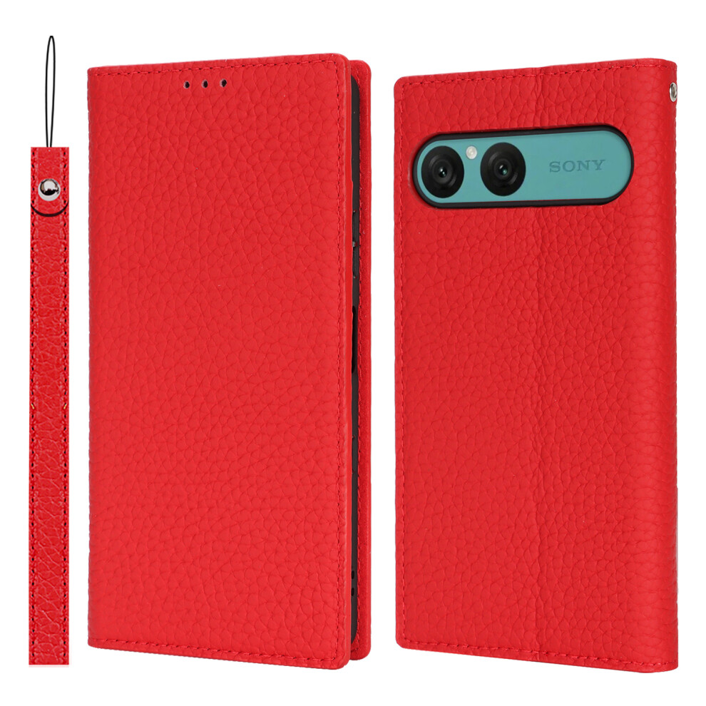 (Red) For Sony Xperia 10 Vii Wallet Case Genuine Cow Leather Phone Cover Litchi Texture Red 6914293995445