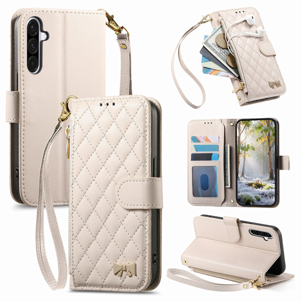 (White) For Samsung Galaxy A37 5G Stand Case Imprint Tpu Pu Leather Zipper Pocket Wallet Phone Cover With Strap White 6914299394358