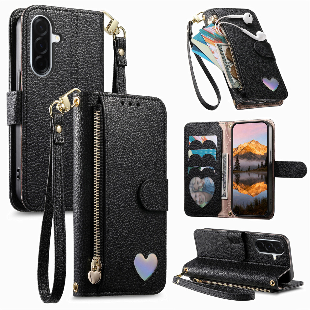 (Black) For Samsung Galaxy S26+ Case Zipper Pocket Tpu Pu Leather Wallet Phone Cover With Strap Black 6914290474158
