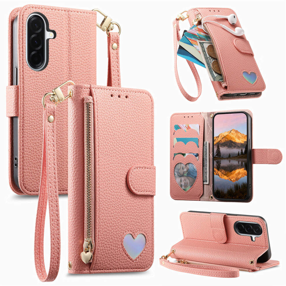 (Pink) For Samsung Galaxy S26+ Case Zipper Pocket Tpu Pu Leather Wallet Phone Cover With Strap Pink 6914296014044