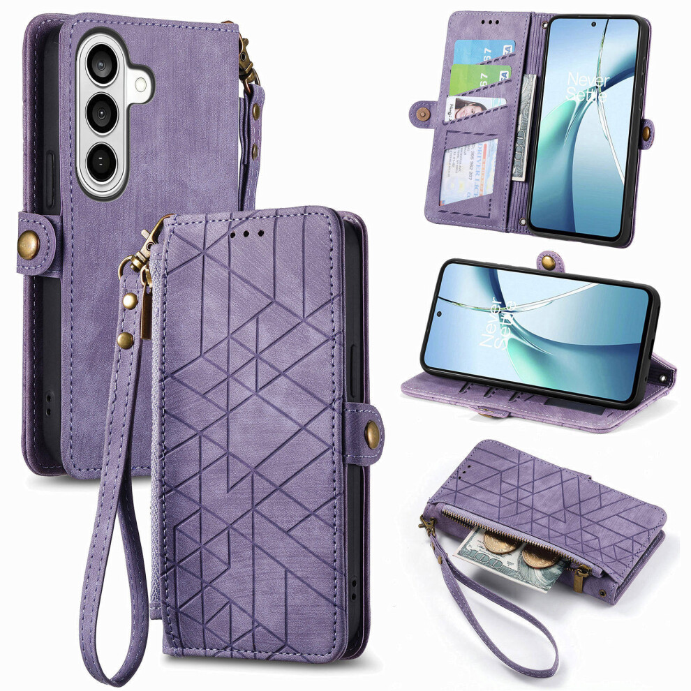 (Purple) For Samsung Galaxy A37 5G Case Zipper Wallet Geometry Lines Leather Phone Cover With Strap Purple 6914299212010
