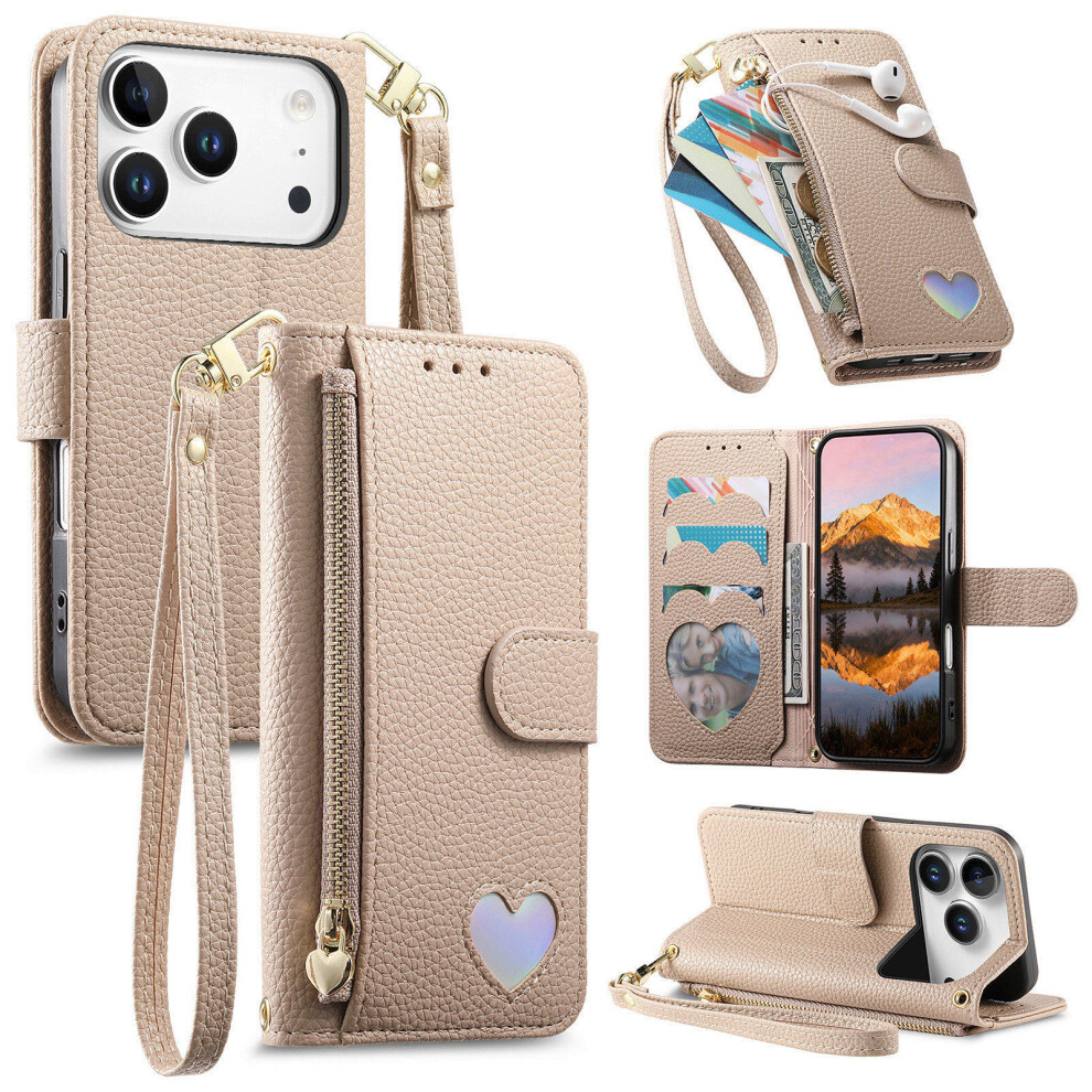 (Khaki) For Iphone 17 Pro Case Zipper Pocket Tpu Pu Leather Wallet Phone Cover With Strap 6914298799857