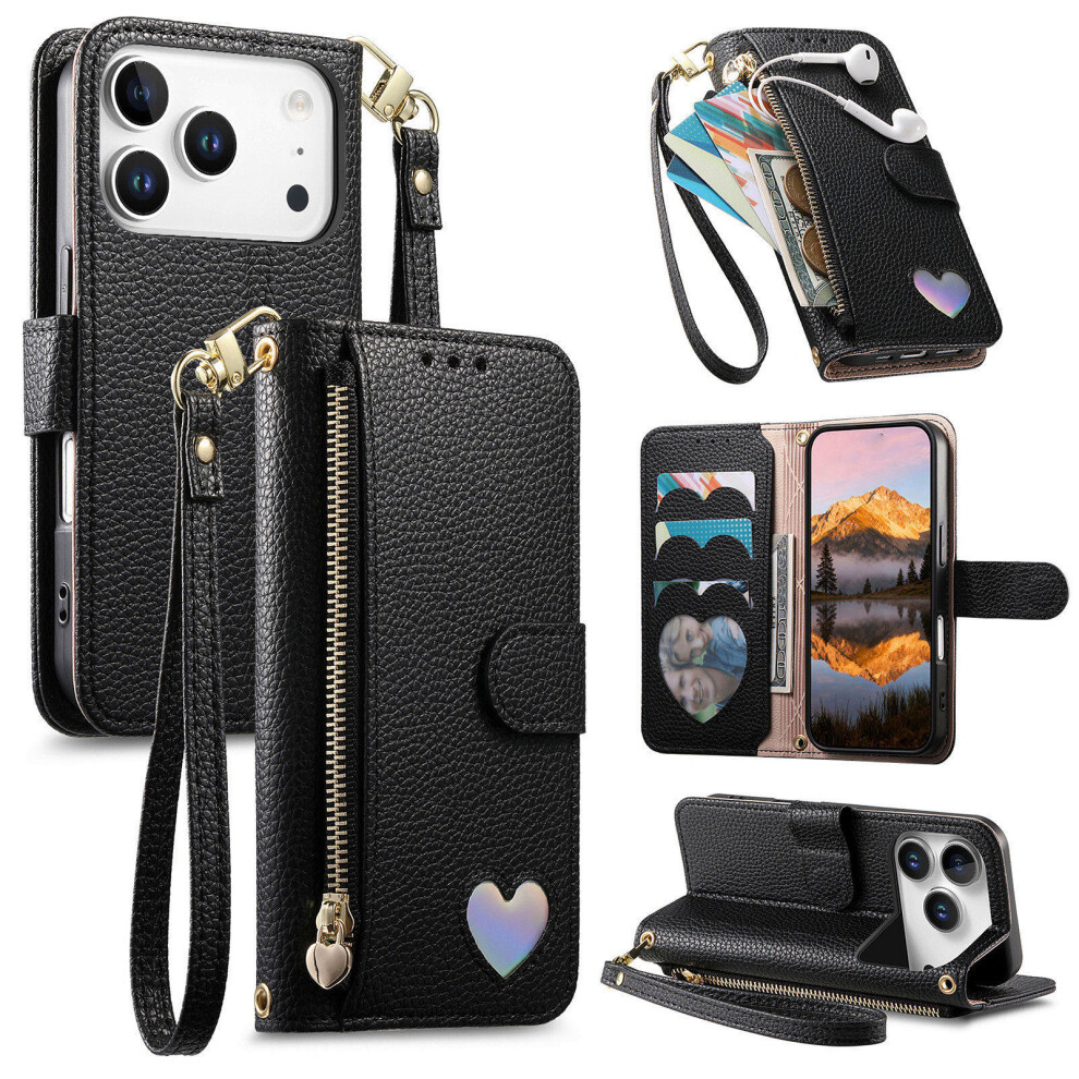(Black) For Iphone 17 Pro Case Zipper Pocket Tpu Pu Leather Wallet Phone Cover With Strap Black 6914294555860