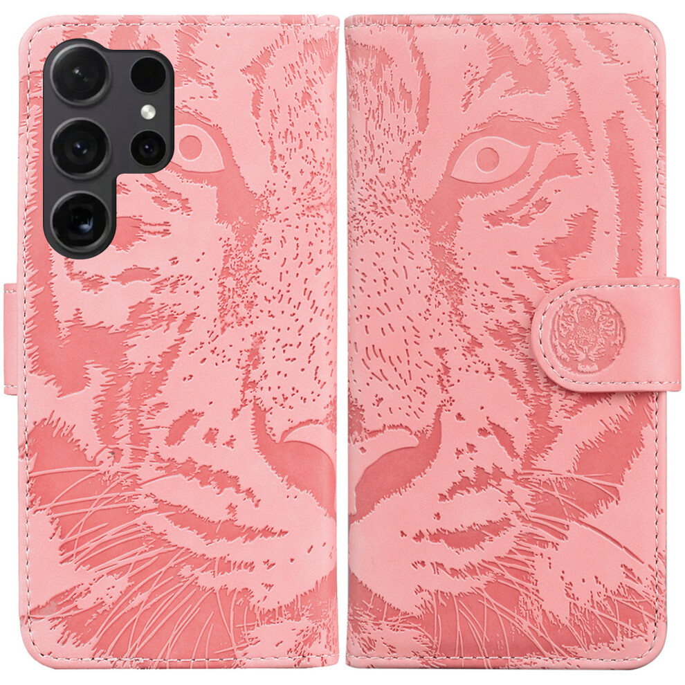 (Pink) For Samsung Galaxy S26 Ultra Case Tiger Imprint Leather Wallet Phone Cover Pink 6914290198054