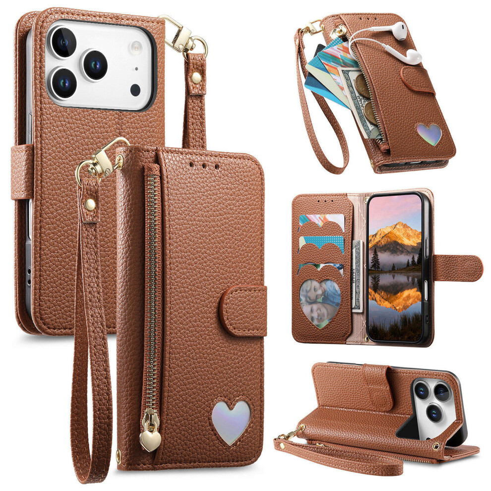 (Brown) For Iphone 17 Pro Case Zipper Pocket Tpu Pu Leather Wallet Phone Cover With Strap Brown 6914291502843
