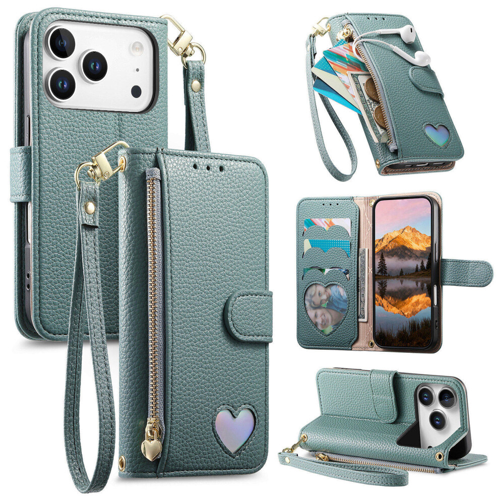 (Blue) For Iphone 17 Pro Case Zipper Pocket Tpu Pu Leather Wallet Phone Cover With Strap Blue 6914292152153