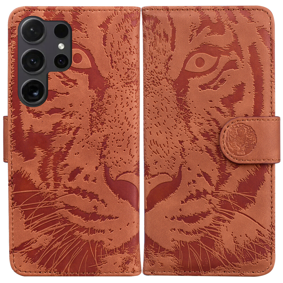 (Brown) For Samsung Galaxy S26 Ultra Case Tiger Imprint Leather Wallet Phone Cover Brown 6914291208448