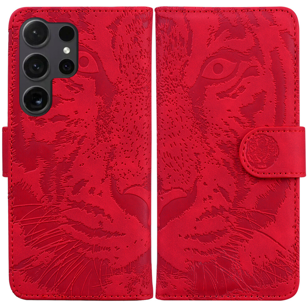 (Red) For Samsung Galaxy S26 Ultra Case Tiger Imprint Leather Wallet Phone Cover Red 6914299257486