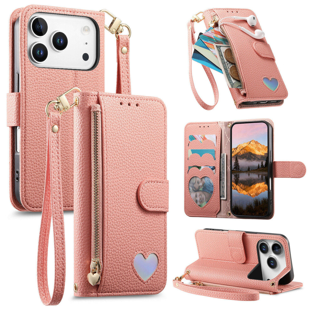 (Pink) For Iphone 17 Pro Case Zipper Pocket Tpu Pu Leather Wallet Phone Cover With Strap Pink 6914294585584