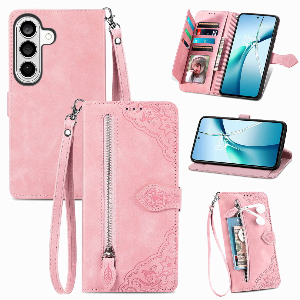 (Pink) For Samsung Galaxy A57 5G Zipper Wallet Case With Strap Flower Imprint Pu Leather Phone Cover Pink 6914290697144