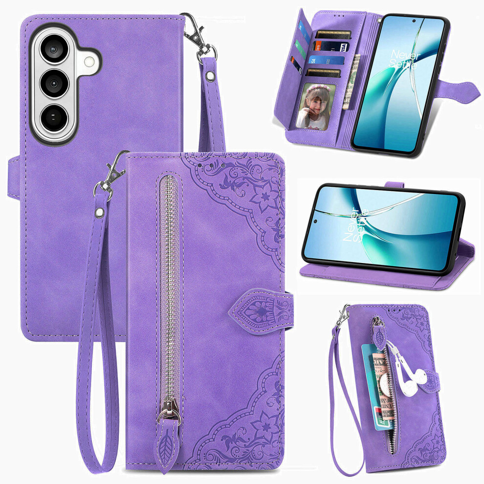 (Purple) For Samsung Galaxy A57 5G Zipper Wallet Case With Strap Flower Imprint Pu Leather Phone Cover Purple 6914296593983