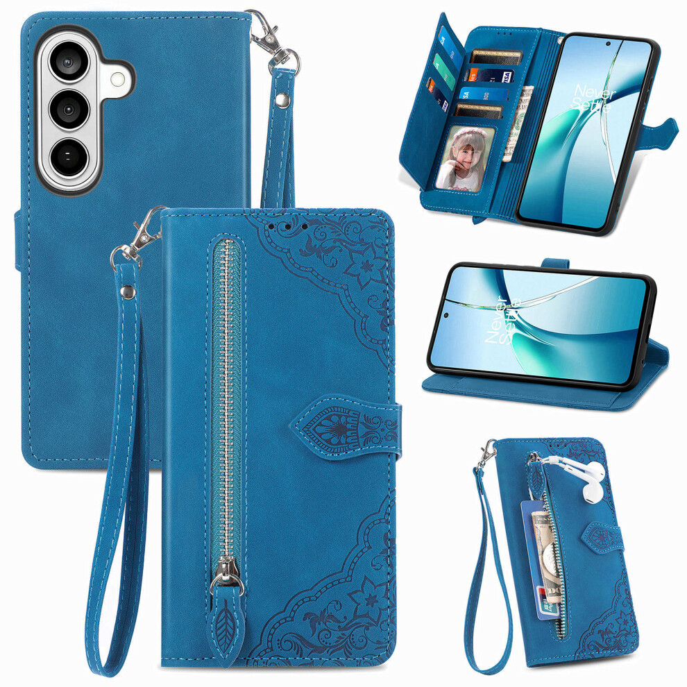 (Blue) For Samsung Galaxy A57 5G Zipper Wallet Case With Strap Flower Imprint Pu Leather Phone Cover Blue 6914293155504