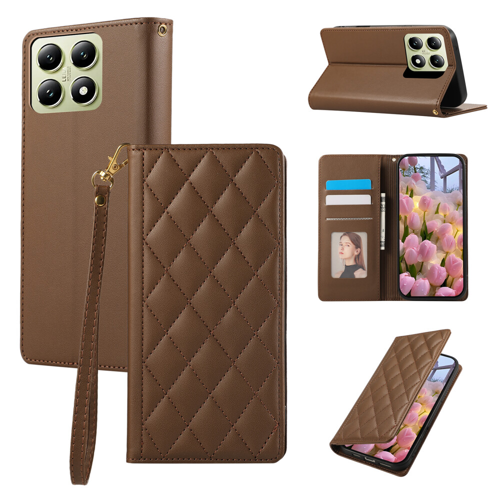 (Brown) For Xiaomi 15T Case Rfid Blocking Wallet Stand Rhombus Leather Phone Cover With Wrist Strap Brown 6914296812923