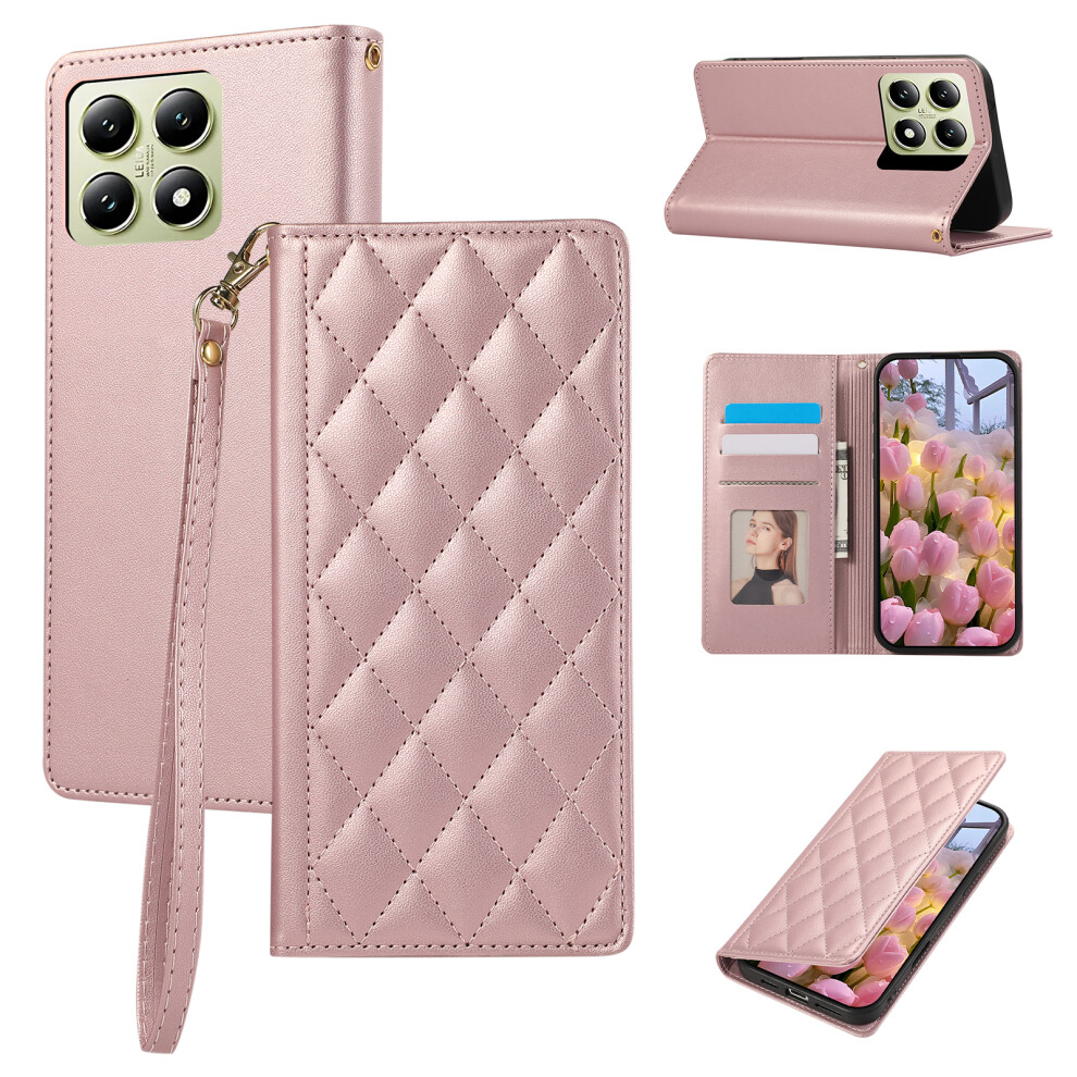 (Rose ) For Xiaomi 15T Case Rfid Blocking Wallet Stand Rhombus Leather Phone Cover With Wrist Strap Gold 6914290550593