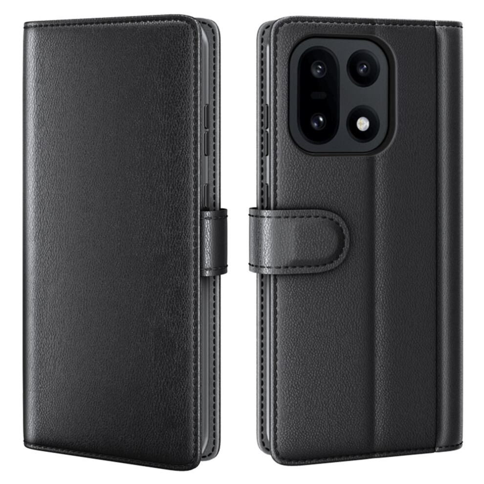 (Black) For Oneplus 15 5G Stand Cases Calf Texture Genuine Split Leather Wallet Phone Cover Black 6914294295810