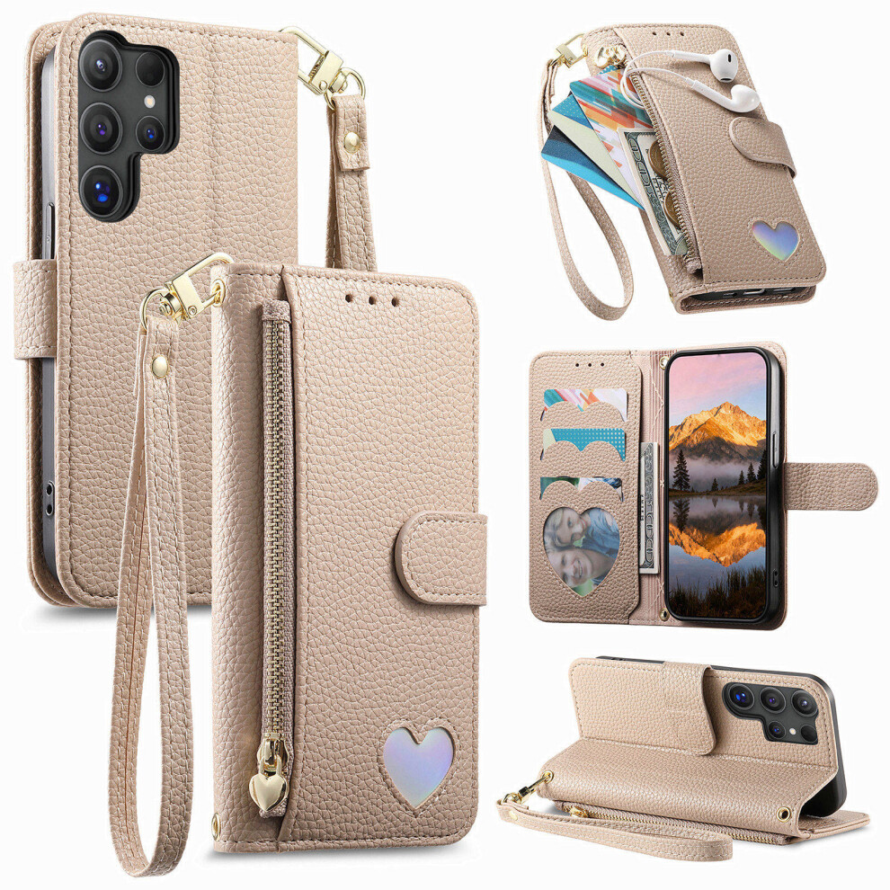(Khaki) For Samsung Galaxy S26 Ultra Case Zipper Pocket Tpu Pu Leather Wallet Phone Cover With Strap 6914293505798