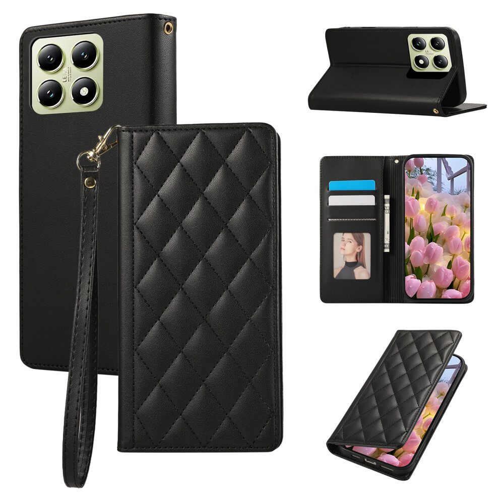 (Black) For Xiaomi 15T Case Rfid Blocking Wallet Stand Rhombus Leather Phone Cover With Wrist Strap Black 6914293499202