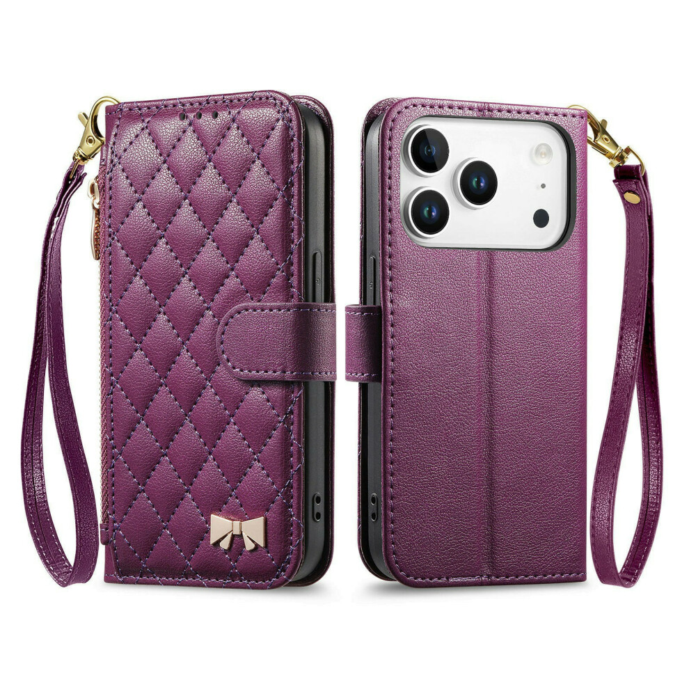 (Purple) For Iphone 17 Pro Stand Case Imprint Tpu Pu Leather Zipper Pocket Wallet Phone Cover With Strap Purple 6914296869897