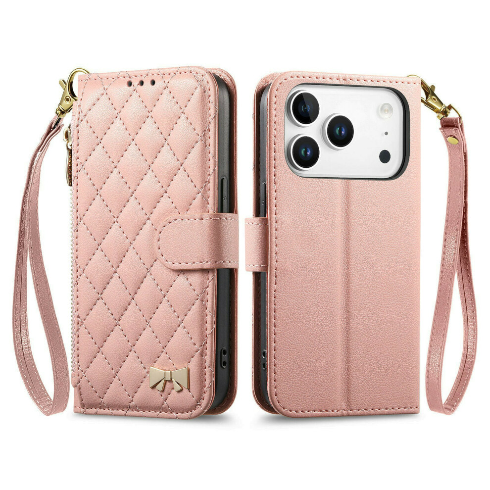 (Pink) For Iphone 17 Pro Stand Case Imprint Tpu Pu Leather Zipper Pocket Wallet Phone Cover With Strap Pink 6914293784322
