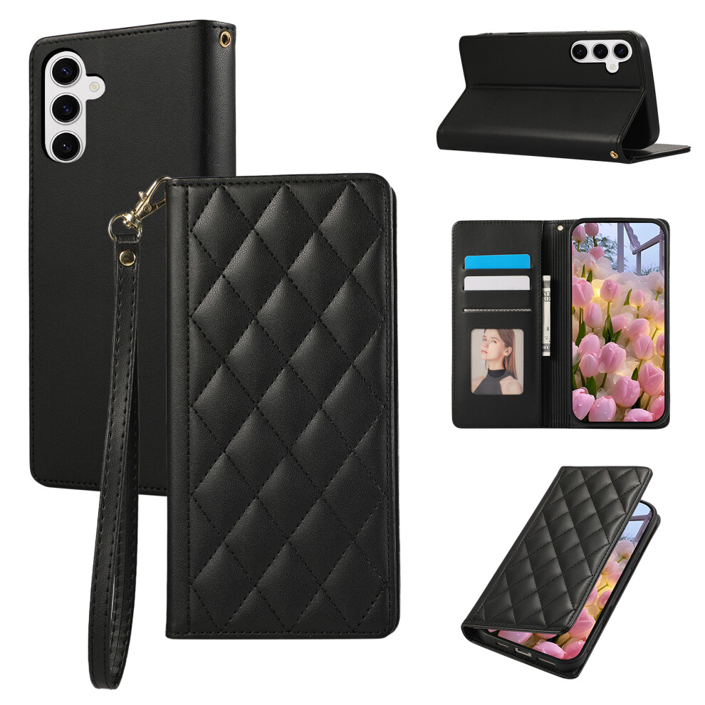 (Black) For Samsung Galaxy S26+ Case Rfid Blocking Wallet Stand Rhombus Leather Phone Cover With Wrist Strap Black 6914292174636