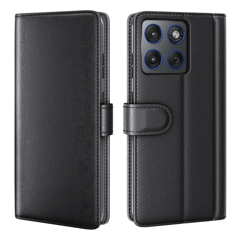 (Black) For Motorola Edge 70 5G Stand Cases Calf Texture Genuine Split Leather Wallet Phone Cover Black 6914296803426