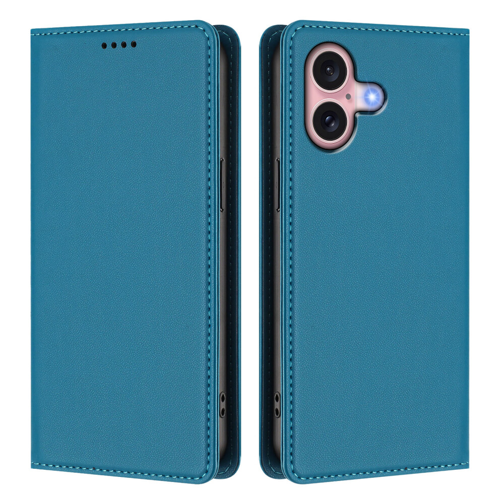 (Lake ) For Iphone 16 Leather Wallet Case Magnetic Closure Rfid Blocking Phone Cover Blue 6914293542861