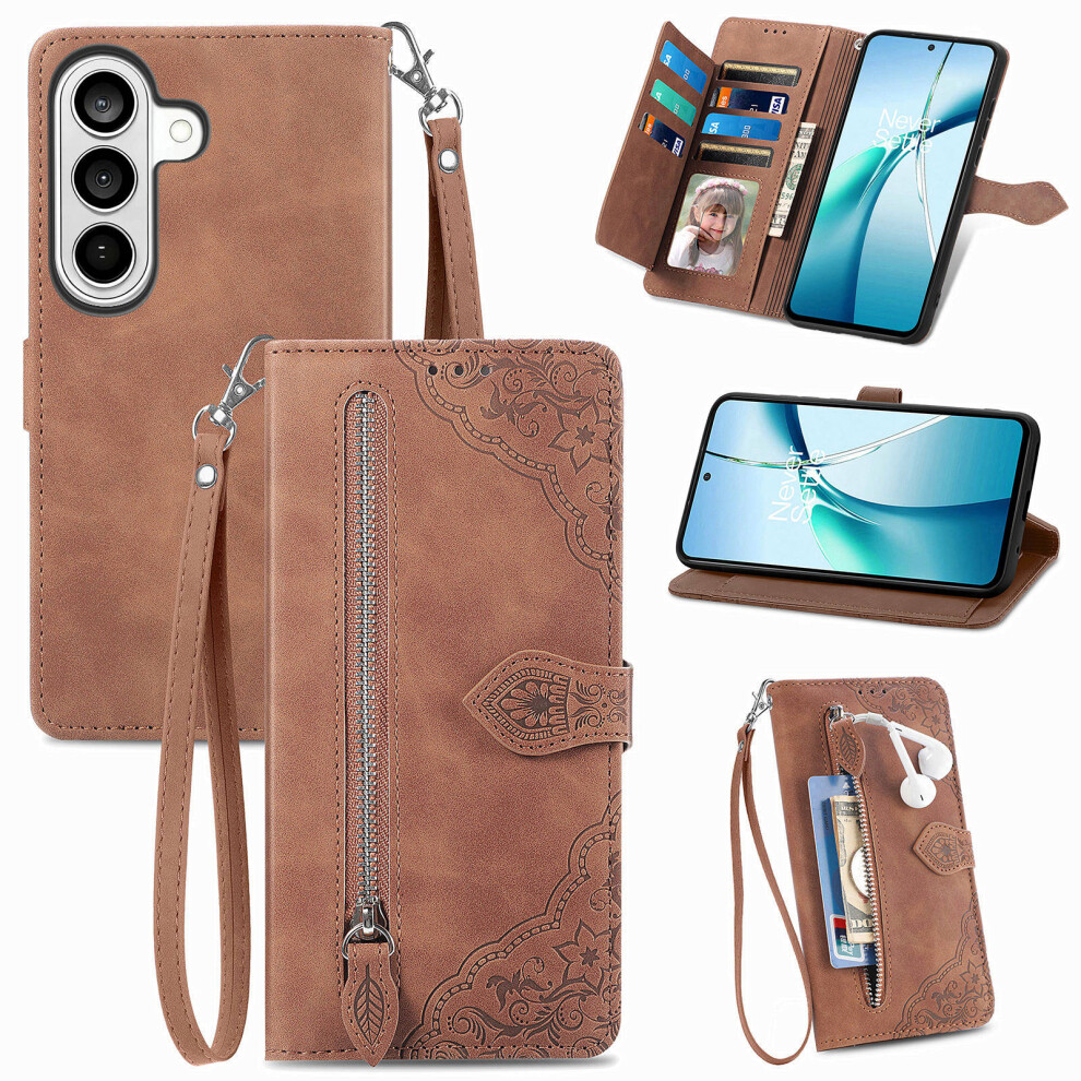 (Brown) For Samsung Galaxy A57 5G Zipper Wallet Case With Strap Flower Imprint Pu Leather Phone Cover Brown 6914294515314