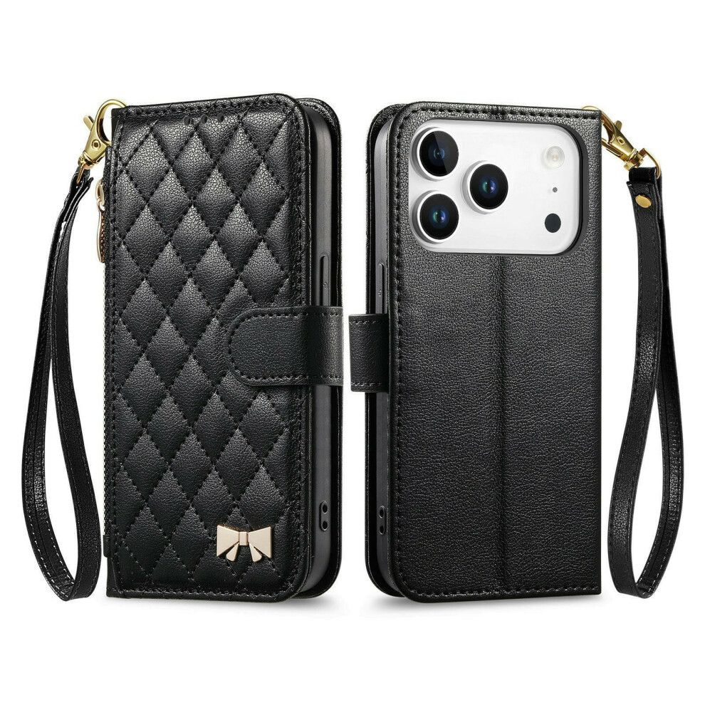 (Black) For Iphone 17 Pro Stand Case Imprint Tpu Pu Leather Zipper Pocket Wallet Phone Cover With Strap Black 6914295622400