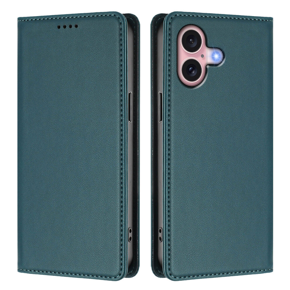 (Dark ) For Iphone 16 Leather Wallet Case Magnetic Closure Rfid Blocking Phone Cover Green 6914294449589