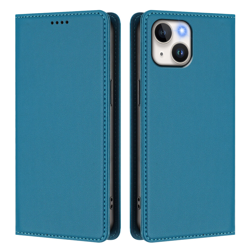 (Lake ) For Iphone 15 Leather Wallet Case Magnetic Closure Rfid Blocking Phone Cover Blue 6914299606154