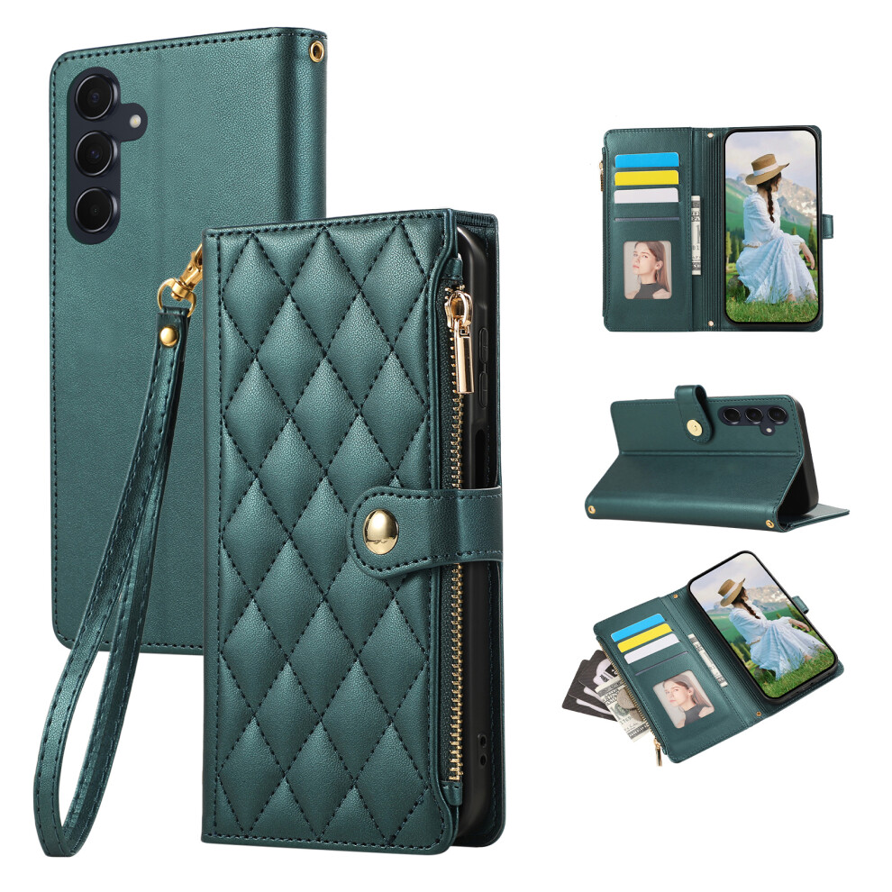 (Green) For Samsung Galaxy S26+ Case Multi Card Slots Zipper Rhombus Leather Phone Cover With Wrist Strap Green 6914297843285