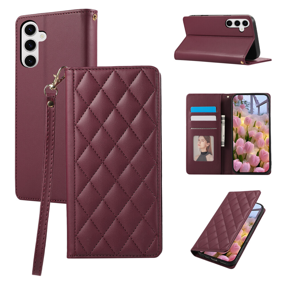 (Red) For Samsung Galaxy S26 Case Rfid Blocking Wallet Stand Rhombus Leather Cover With Wrist Strap Red 6914295137799